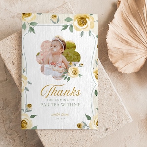 Vintage Rose Tea Party Thank You Card Printable, Yellow Floral Garden Par-Tea 1st Birthday Photo Card, Editable Canva Template - PTY02
