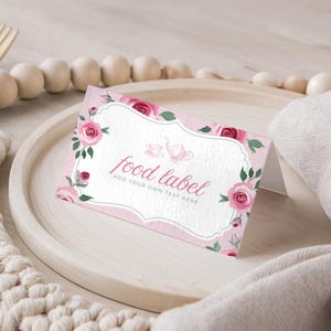 Tea Party Food Labels, Pink Floral Food Labels, Vintage Garden Roses Par-Tea Tent Printable, Editable Canva Folded Card Template - PTK09