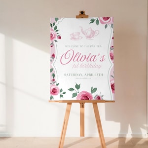 Vintage Rose Tea Party Welcome Sign, Pink Floral 1st Birthday Poster Printable, Editable Canva Template, Garden Roses Par-Tea Decor - PTK06