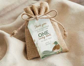 One Lucky Duck Favor Tags: Watercolor Mallard Birthday Thank You Labels, Printable & Editable Canva - LDG12
