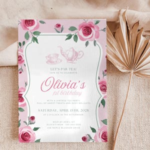 Garden Rose Tea Party Invitation Printable, Pink Floral 1st Birthday Girl Invite, Editable Canva Template, Roses Par-Tea Theme - PTK01