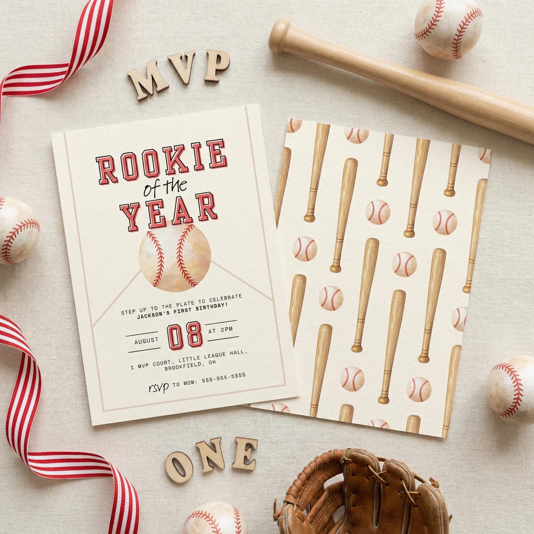 Rookie of the Year First Birthday Invitation Baseball Printable ...