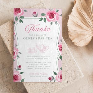 Vintage Rose Tea Party Thank You Card: Pink Floral Par-Tea Birthday Editable Canva Printable - PTK03