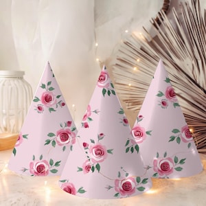 Vintage Rose Tea Party Hat Printable, Pink Floral 1st Birthday Party Hat Download, Girl Garden Roses Par-Tea Crown Birthday Decor - PTK30