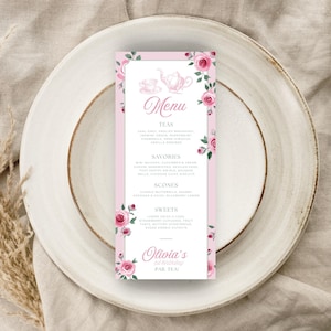 Vintage Rose Tea Party Menu Template, Pink Floral Birthday Menu, Editable Menu Canva Template, Garden Roses Par-Tea Menu Printable - PTK08