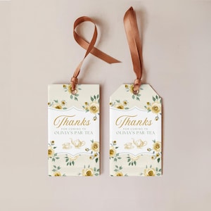 Vintage Tea Party Yellow Floral Favor Tags Printable, Editable Garden Roses Thank You Label, Girls Par-Tea Gift Tag, Canva Template - PTY12