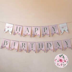 Pink Vintage Rose Tea Party Happy Birthday Banner, Floral 1st Birthday Bunting, Editable Canva File, Girl Roses Par-Tea Garland Decor, PTK22