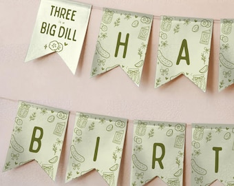 Dill Pickle Happy Birthday Bunting: Green Doodle Party Banner Printable, Editable Canva - DPG21