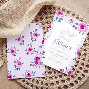Vintage Rose Tea Party Invitation Printable, Lilac Floral 1st Birthday Girl Invite, Editable Canva Template, Roses Par-Tea Theme - PTP01