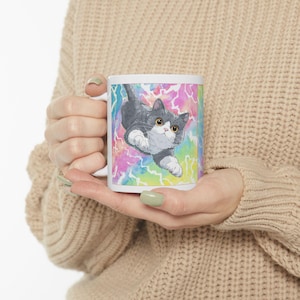 Vibrant Cat Ceramic Mug - Colorful Kitty, Gift for Cat Lovers, Unique Coffee Cup, Rainbow Design, Pet Themed Drinkware