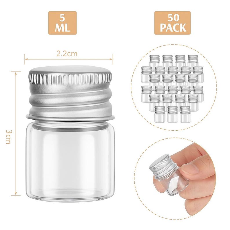 May include: Clear glass vials with silver screw-on caps. Each vial is 3 cm tall and 2.2 cm wide, with a 5 ml capacity. The image also shows a pack of 50 vials.
