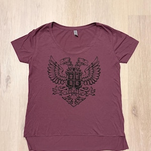 Women Serbian T shirt Burgundy with Serbian Eagle, Modern Design, Burgundy Color, Lightweight Material