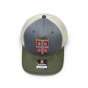 Serbia Heritage Hat | Gray Front | Serbian  cross symbol patch -Mash Back-Custom