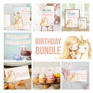 Lot anniversaire : princesse licorne magique, kit de fête d&#39;anniversaire à imprimer, plaque de bienvenue, cartes de remerciement, décorations de cupcakes, bannière d&#39;anniversaire