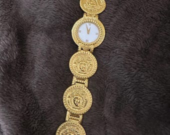 Zeldzaam vintage jaren 90 Versace Medusa Coin Bracelet-polshorloge