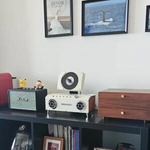 Puede incluir: Un reproductor de CD port&aacute;til blanco y de madera con mecanismo de carga superior y dos altavoces frontales, colocado en un estante negro junto a un altavoz Marshall verde y un cofre de almacenamiento de madera.
