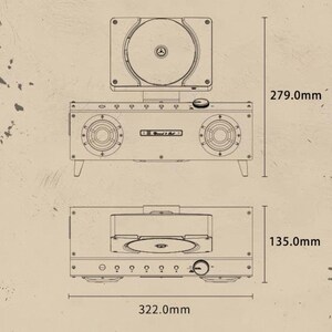 Puede incluir: Un dibujo t&eacute;cnico de l&iacute;neas de un reproductor de CD port&aacute;til con dos altavoces, un compartimento de disco de carga superior y perillas de control. El diagrama muestra una altura total de 279,0 mm, una profundidad de 135,0 mm y un ancho de 322,0 mm.