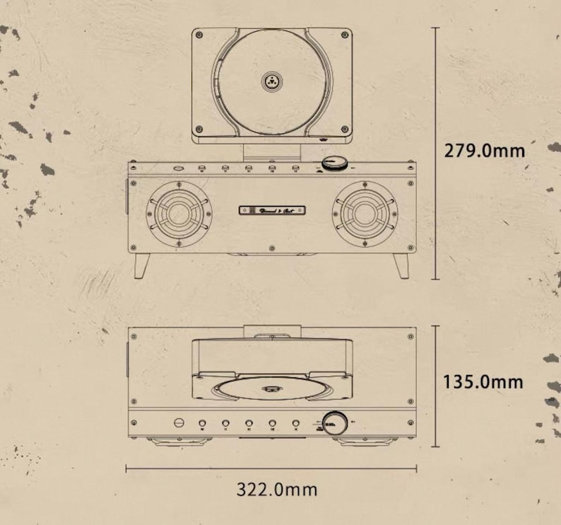 Puede incluir: Un dibujo t&eacute;cnico de l&iacute;neas de un reproductor de CD port&aacute;til con dos altavoces, un compartimento de disco de carga superior y perillas de control. El diagrama muestra una altura total de 279,0 mm, una profundidad de 135,0 mm y un ancho de 322,0 mm.