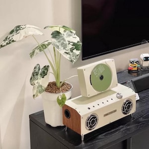 Puede incluir: Un reproductor de CD port&aacute;til de color crema con paneles laterales de imitaci&oacute;n madera y dos altavoces frontales, con una ranura vertical para discos con un CD verde insertado. Junto a &eacute;l, una maceta de cer&aacute;mica blanca contiene una planta Alocasia de hojas variegadas.