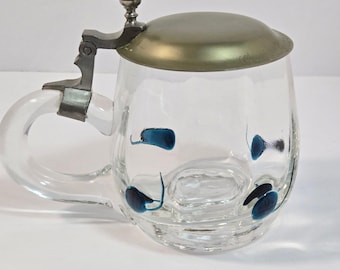 Antique 1926 German Glass Beer Stein Pewter Lid Cobalt Blue Prunts Dated Krug