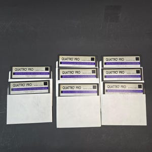 Puede incluir: Una colección de siete disquetes de 3,5 pulgadas negros y plateados etiquetados como Quattro Pro de Borland. Cada disquete está alojado en una funda de papel blanca. Las etiquetas muestran el texto Quattro Pro y Borland en negro y azul.