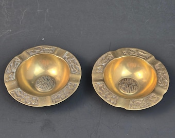 Vintage Brass Ashtrays Set of 2 Etched Korea Mid Century Trinket Dishes Gold