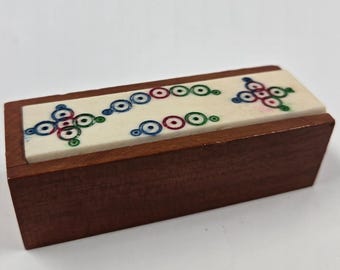 Vintage Miniature Domino Set in Handcrafted Wood Box Inlaid Bone Lid Travel Size