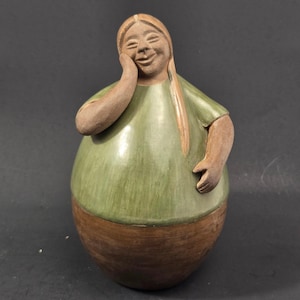 Vintage Terracotta Folk Art Smiling Woman Figurine Green Glazed Pottery 7.25in