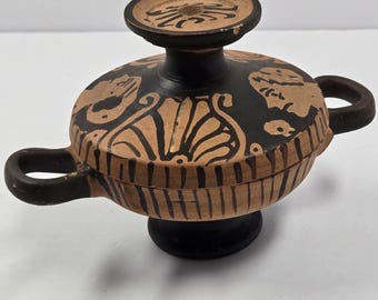 Greek Red Figure Style Lekanis Pottery Lidded Vessel Hand Painted Terracotta
