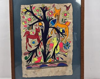 Vintage 1969 Folk Art Painting Handmade Paper Animals Tree Framed