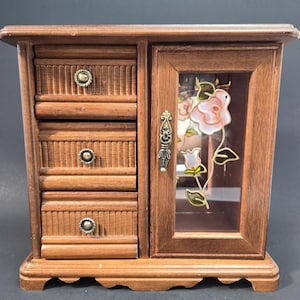 Vintage Wood Musical Jewelry Box Armoire Rose Glass Door Necklace Carousel 9in