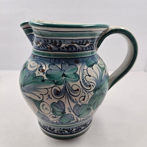 Vintage Made in Italy Hand Painted Ceramic Pitcher Floral Teal Blue White 9.5"
