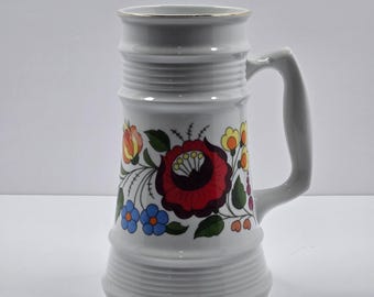 Kalocsa Hungary Handpainted Porcelain Beer Stein Floral Folk Art Gold Rim Mug