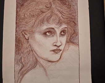 Antique Style Pre-Raphaelite Sanguine Drawing Rossetti Muse Lanaquarelle 22x15