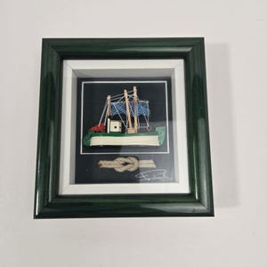 Paschanelli Signed 3D Shadow Box Nautical Fishing Boat Wall Art Green Frame 7x7