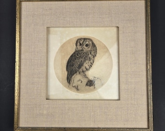 Claire Miller Owl Signed Numbered 18/25 Etching Print 1969 Framed Vintage Art