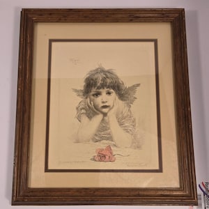 Antique 1886 FM Spiegle Etching Cupid in Trouble Victorian Cherub Framed Print