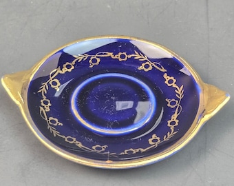FM Limoges France Cobalt Blue Gold Gilt Porcelain Nut Dish Trinket Bowl 3.25"