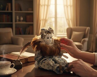 Vintage Porcelain Doll Victorian Style Feather Collar Decorative Collectible