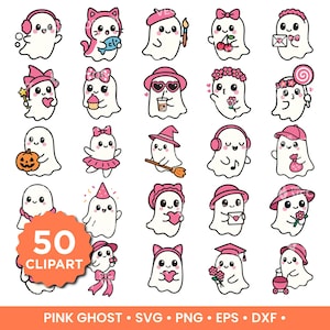 May include: A collection of 50 pink ghost clipart illustrations. Each ghost is white with black eyes and a smiling mouth, wearing various pink accessories like hats, bows, and holding objects such as a pumpkin, paintbrush, and flowers. The text "PINK GHOST" is at the bottom.