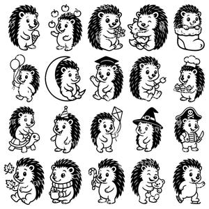 May include: A series of black and white cartoon hedgehog illustrations. The hedgehogs are shown in different scenarios, holding objects such as apples, a snowflake, and a teddy bear. Some are wearing hats, and one is a pirate.