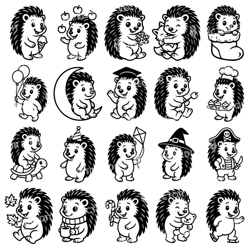 May include: A series of black and white cartoon hedgehog illustrations. The hedgehogs are shown in different scenarios, holding objects such as apples, a snowflake, and a teddy bear. Some are wearing hats, and one is a pirate.