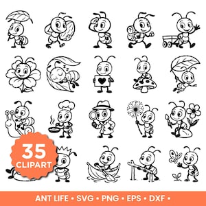 Könnte beinhalten: Eine Sammlung von 35 Schwarz-Weiß-Ameisen-Clipart-Bildern. Die Illustrationen zeigen verschiedene Aktivitäten, darunter das Tragen von Blättern, das Halten von Herzen und das Kochen. Das Clipart ist in einer Vielzahl von Posen und Umgebungen.