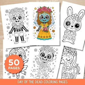 May include: A selection of Day of the Dead colouring pages. The pages feature illustrations of sugar skulls, skeletons, and other festive characters. The text "50 PAGES" is visible on one page, and the text "DAY OF THE DEAD COLORING PAGES" is at the bottom.