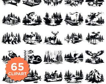 Bos Northwoods-scène SVG PNG-bundel | Up North Wisconsin Animals Cabin Lake Nature Silhouette gesneden bestanden voor Cricut en lasergravure