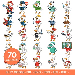 Puede incluir: Una colección de 20 gansos de dibujos animados vestidos con varias profesiones. Los gansos se representan como bombero, policía, trabajador de la construcción, médico, chef y más. La imagen incluye el texto "70 Clipart" y "Silly Goose Job".