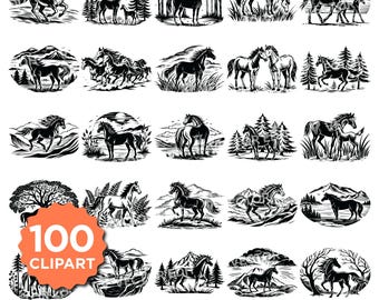 Horse Scene SVG Bundle: Wild Mustang Silhouette Clipart (Cricut & Laser Cut Files)