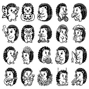 May include: A set of black and white cartoon hedgehog illustrations. The hedgehogs are shown in different scenarios, including riding a scooter, wearing headphones, and holding a fishing rod. Ideal for use in various design projects.
