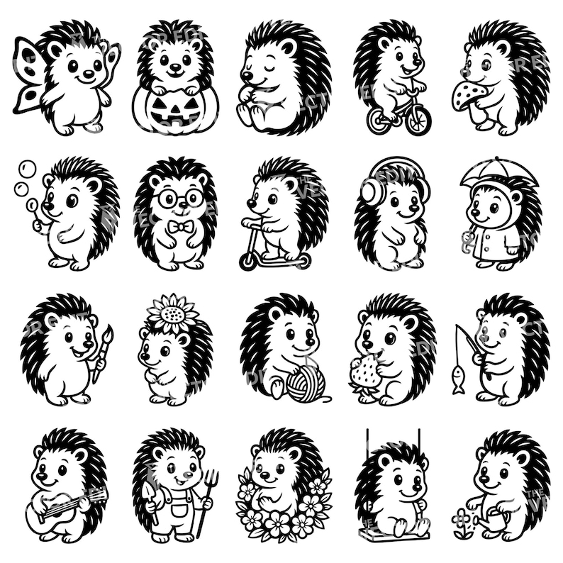 May include: A set of black and white cartoon hedgehog illustrations. The hedgehogs are shown in different scenarios, including riding a scooter, wearing headphones, and holding a fishing rod. Ideal for use in various design projects.