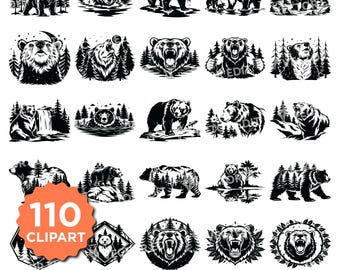 SVG-bundel beer en bosscène | Wildlife Bear en Pine Tree silhouet gesneden bestanden | Camping, natuur en bos dieren gesneden bestanden